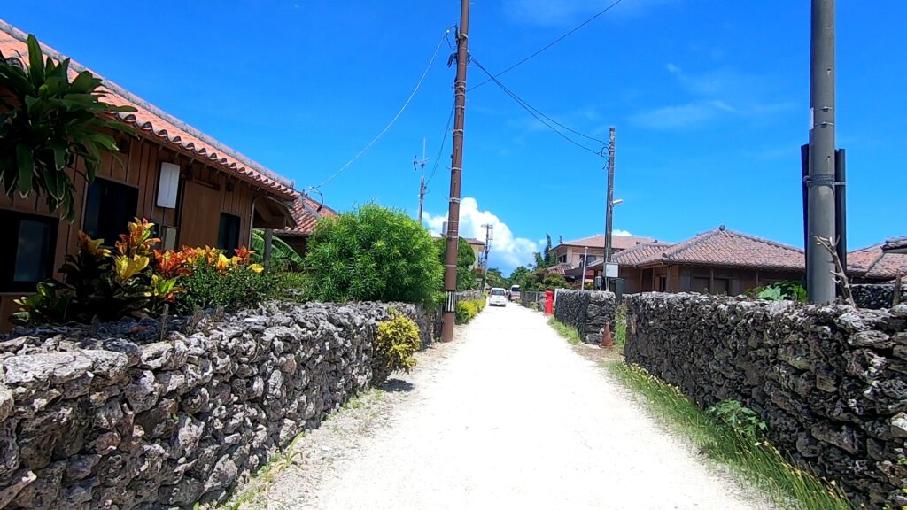 竹富島の赤瓦の家並みと石垣の道が続く集落風景