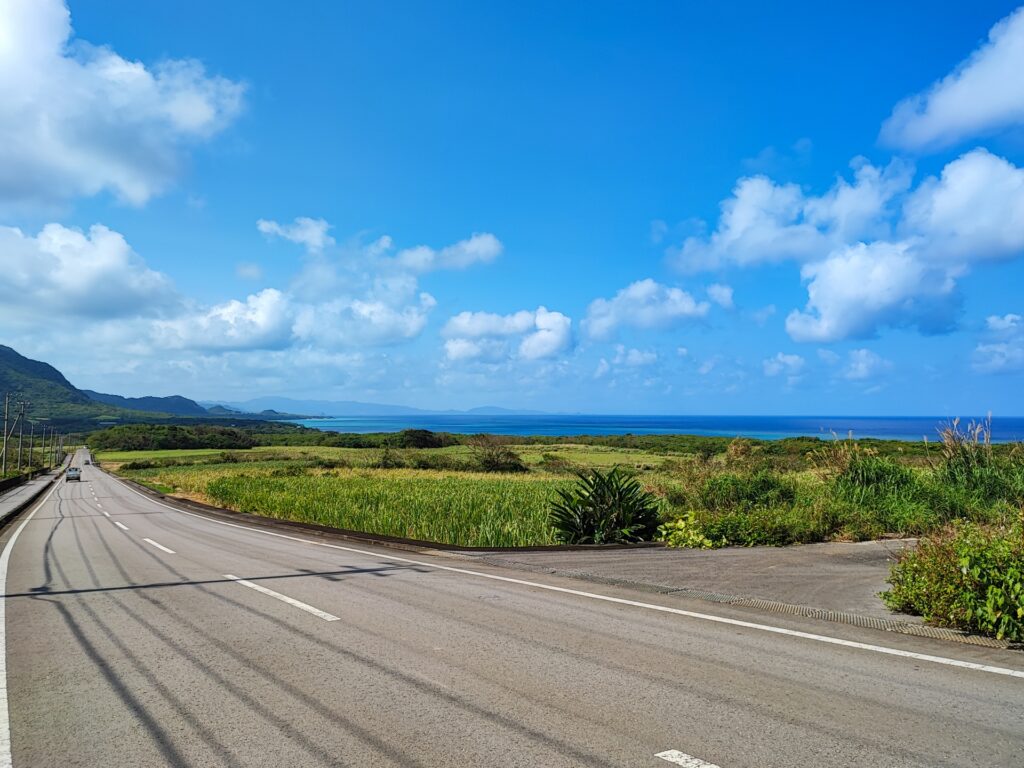 石垣島北部の海沿い道路のドライブ風景