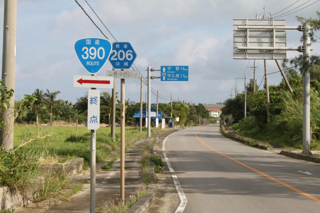 石垣島の道路を海を見ながら走る