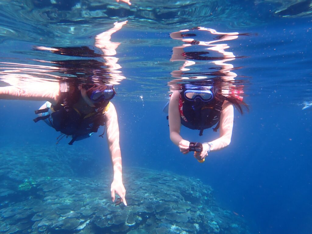 夏の石垣島の透き通る海でシュノーケリングする旅行者